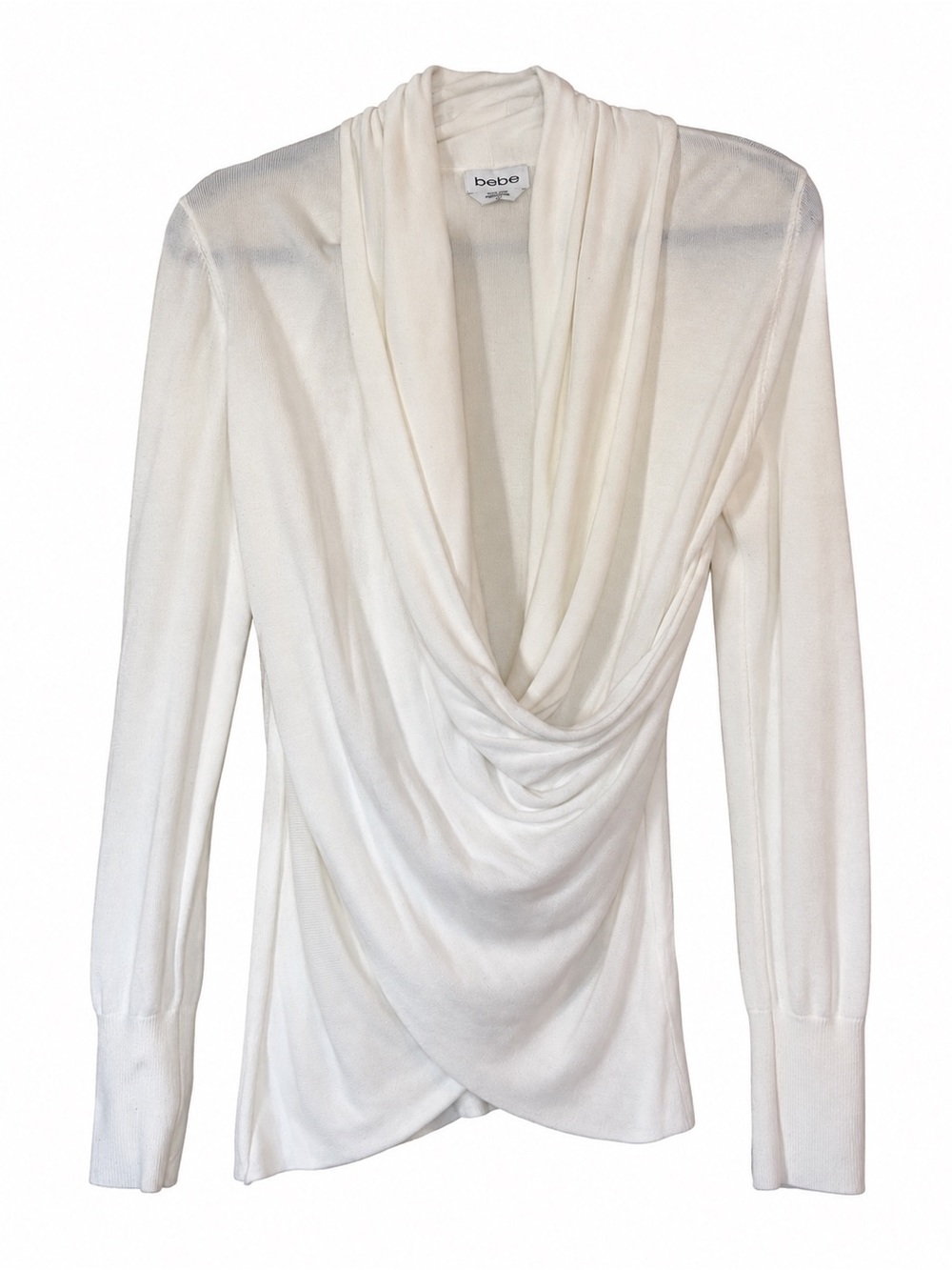 bebe Ivory Draped Cowl Neck Wrap Front Sweater Top Size L